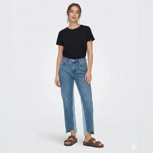 𝅺ONLY Chuck Straight Two Tone 5 Pocket Cropped Jeans Raw Hi-Lo Hem Sz 28